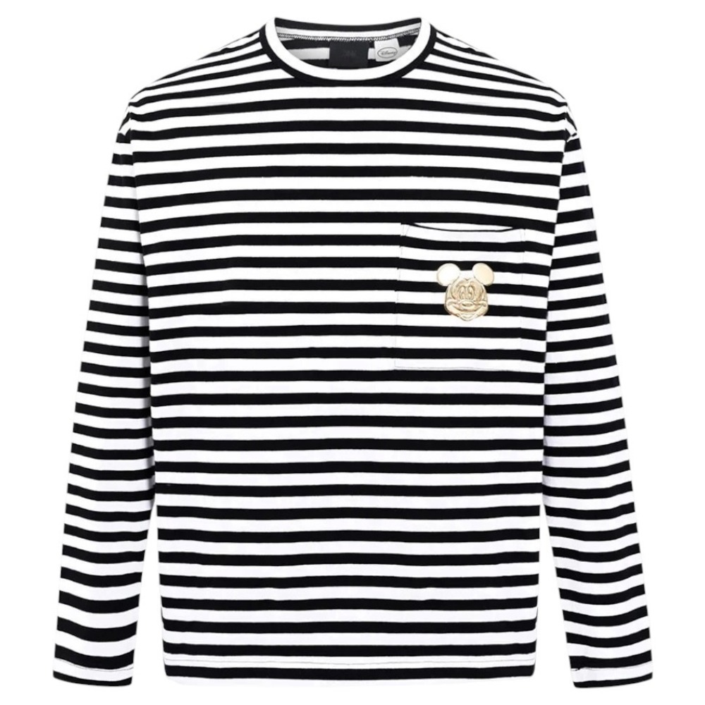 Disney Mickey Mouse Striped Long Sleeve Pocket T-Shirt Gold Patch XL Black White